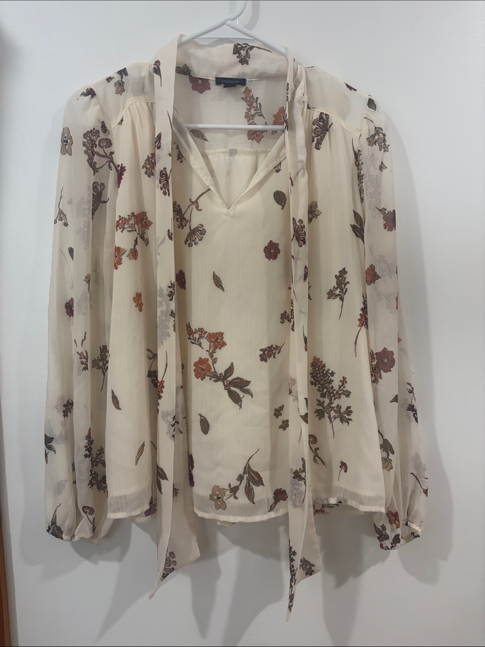 Ann Taylor Cream Floral Tie-Neck Blouse with Rust and Brown Accents